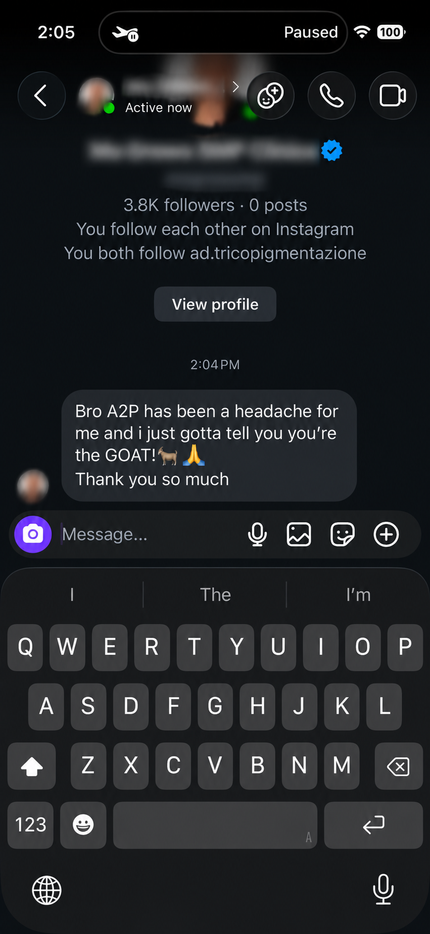 Instagram message: Bro A2P has been a headache for me and I just gotta tell you you're the GOAT! Thank you so much